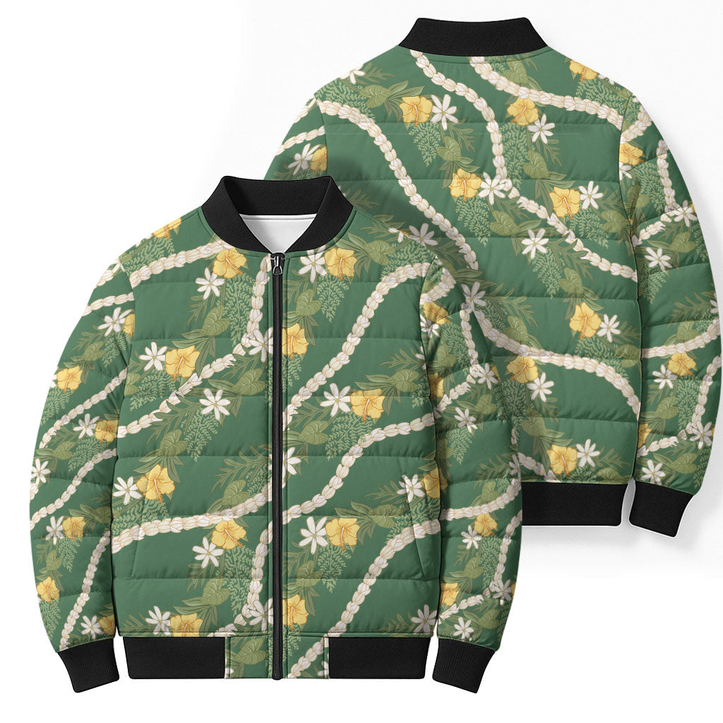 Hawaiian Pikake Maile Lei Bomber Puffer Jacket Tiare Hibiscus Kalo Palapalai Leaf Green LT19 - Polynesian Pride