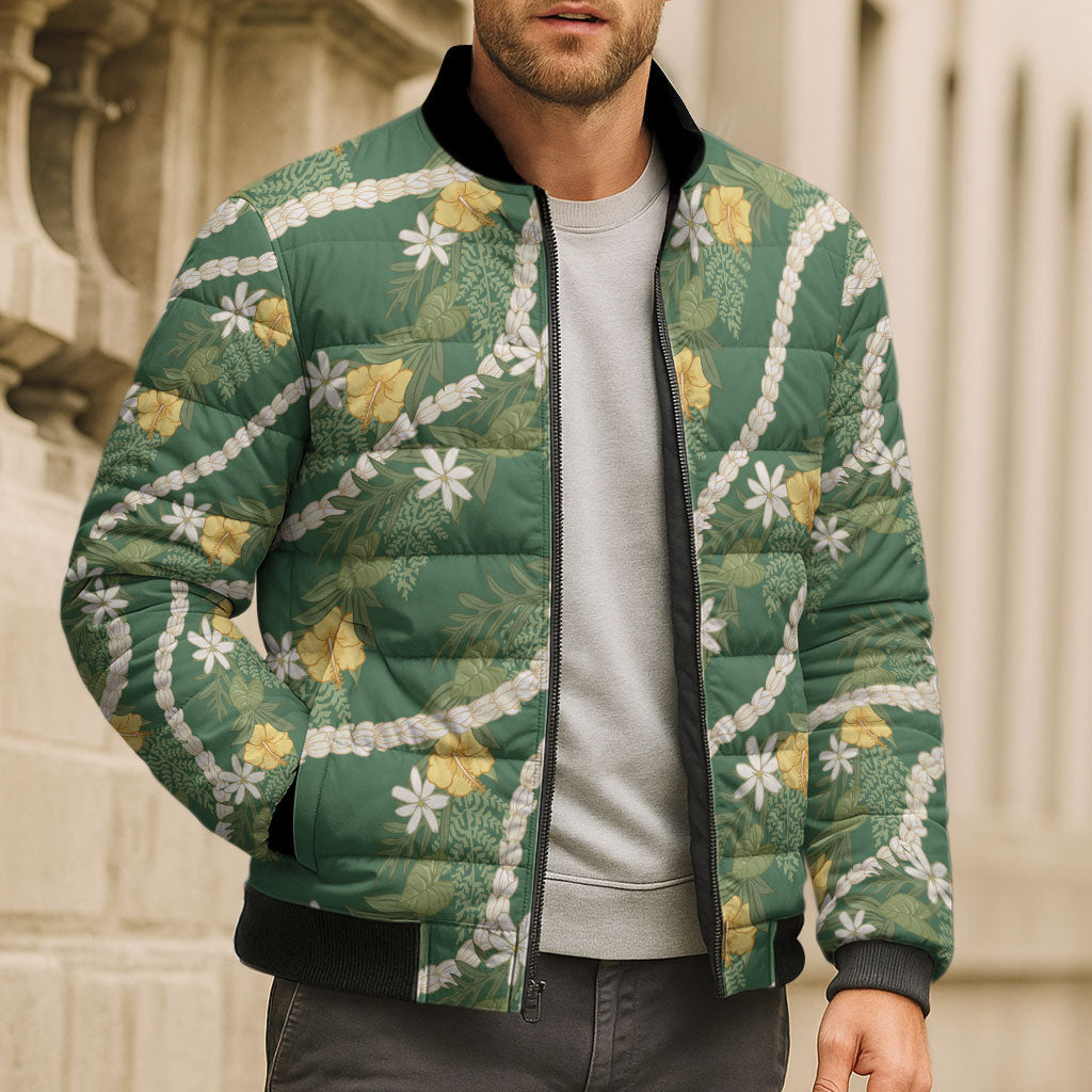Hawaiian Pikake Maile Lei Bomber Puffer Jacket Tiare Hibiscus Kalo Palapalai Leaf Green LT19 - Polynesian Pride