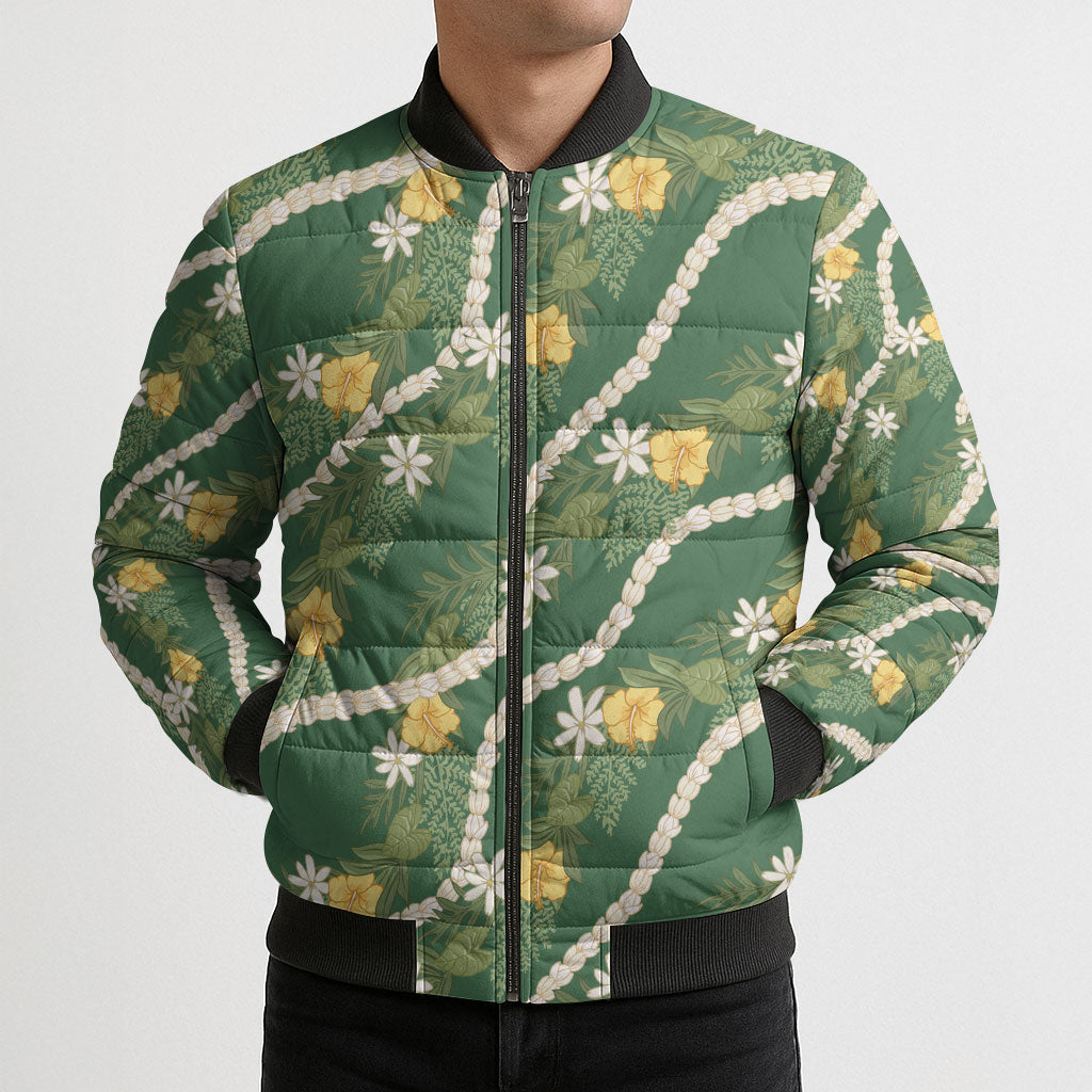 Hawaiian Pikake Maile Lei Bomber Puffer Jacket Tiare Hibiscus Kalo Palapalai Leaf Green LT19 - Polynesian Pride