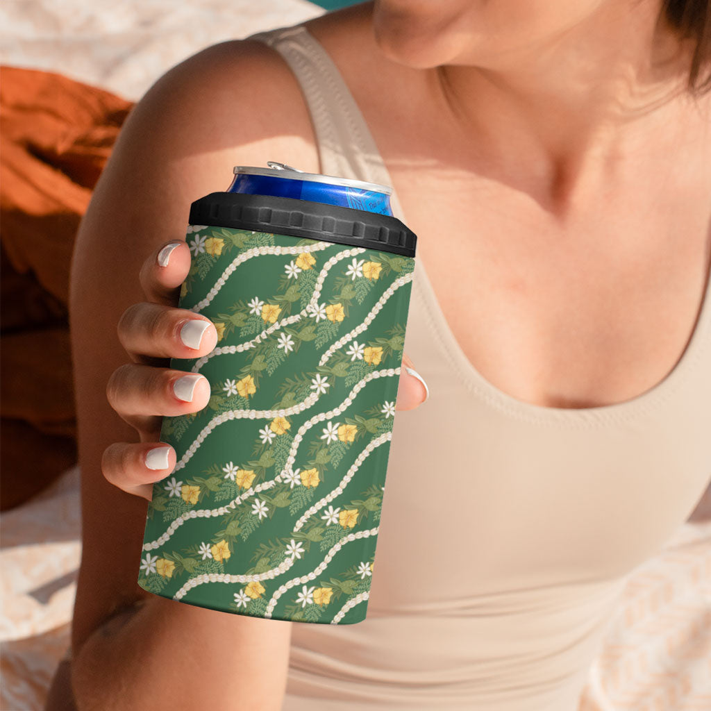 Hawaiian Pikake Maile Lei 4 in 1 Can Cooler Tumbler Tiare Hibiscus Kalo Palapalai Leaf Green
