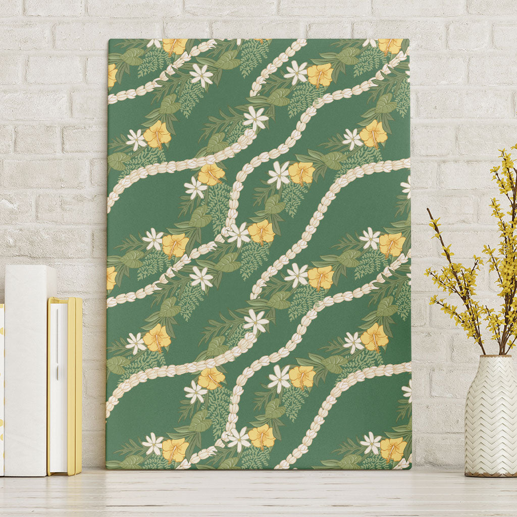 Hawaiian Pikake Maile Lei Canvas Wall Art Tiare Hibiscus Kalo Palapalai Leaf Green