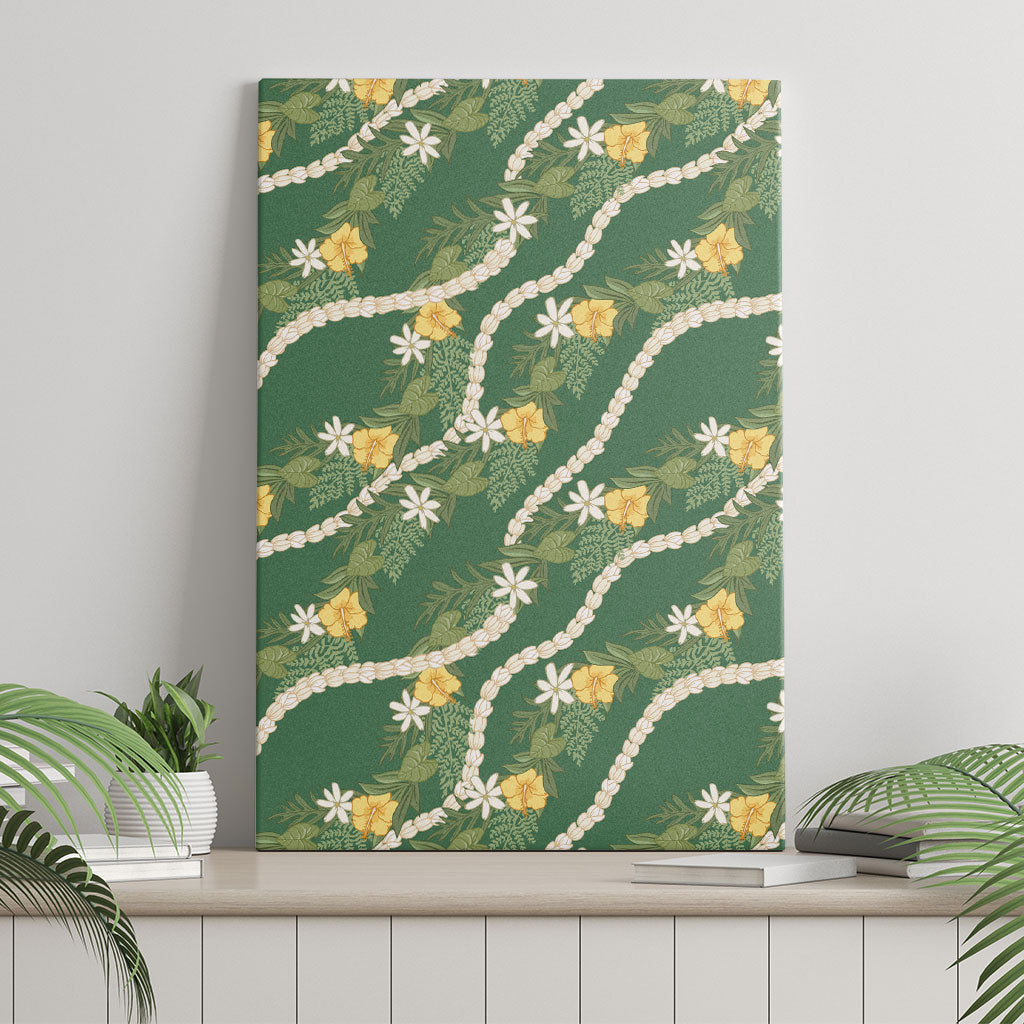 Hawaiian Pikake Maile Lei Canvas Wall Art Tiare Hibiscus Kalo Palapalai Leaf Green