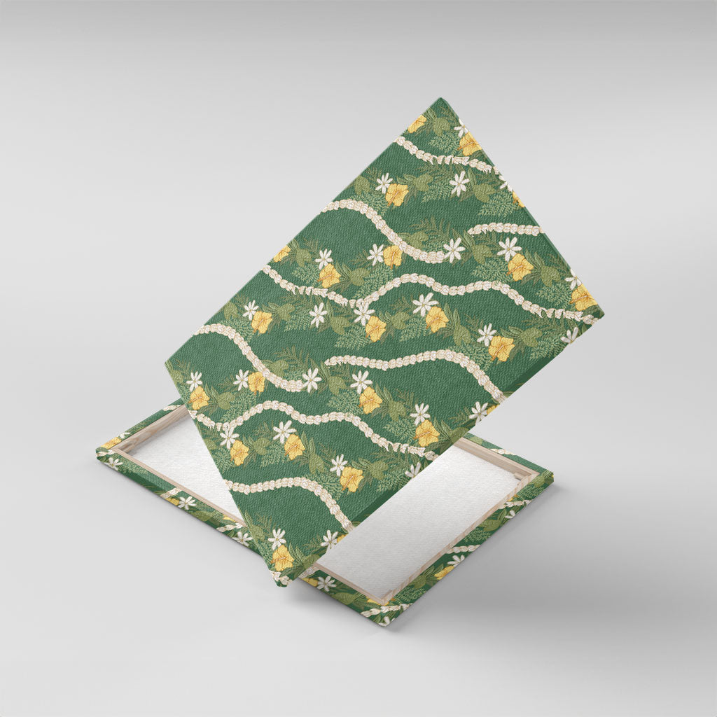 Hawaiian Pikake Maile Lei Canvas Wall Art Tiare Hibiscus Kalo Palapalai Leaf Green
