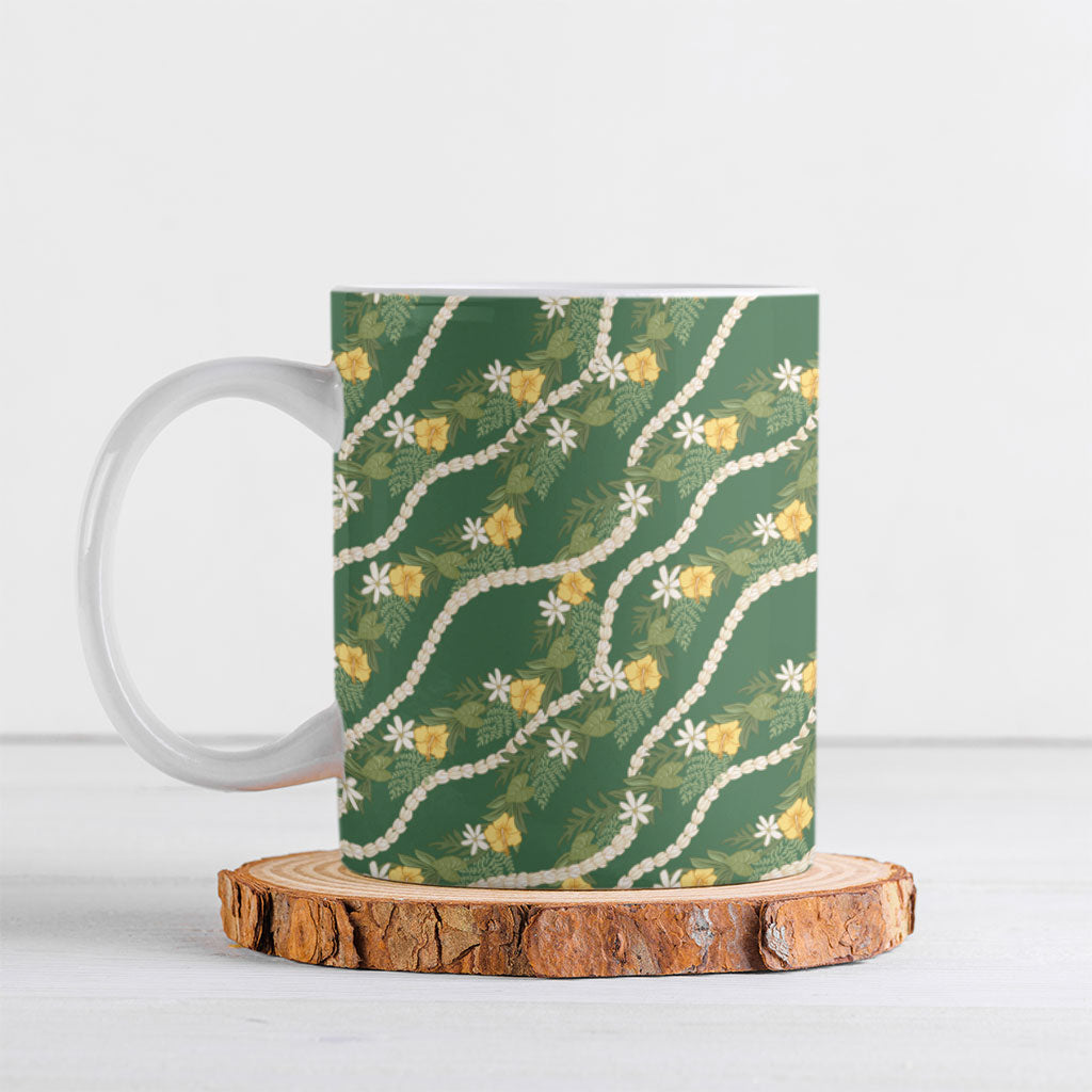 Hawaiian Pikake Maile Lei Ceramic Mug Tiare Hibiscus Kalo Palapalai Leaf Green