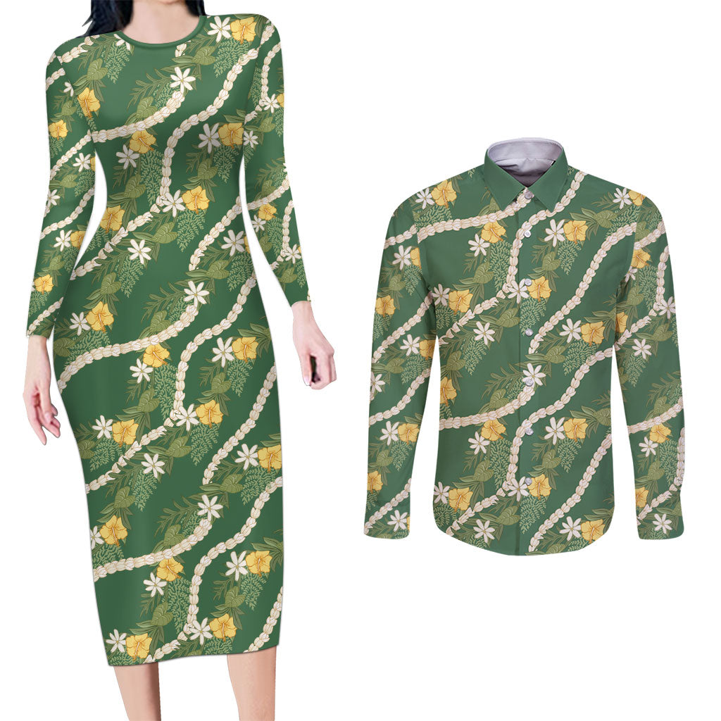 Hawaiian Pikake Maile Lei Couples Matching Long Sleeve Bodycon Dress and Long Sleeve Button Shirt Tiare Hibiscus Kalo Palapalai Leaf Green