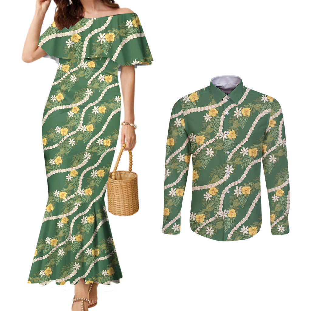 Hawaiian Pikake Maile Lei Couples Matching Mermaid Dress and Long Sleeve Button Shirt Tiare Hibiscus Kalo Palapalai Leaf Green