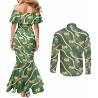 Hawaiian Pikake Maile Lei Couples Matching Mermaid Dress and Long Sleeve Button Shirt Tiare Hibiscus Kalo Palapalai Leaf Green