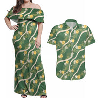 Hawaiian Pikake Maile Lei Couples Matching Off Shoulder Maxi Dress and Hawaiian Shirt Tiare Hibiscus Kalo Palapalai Leaf Green