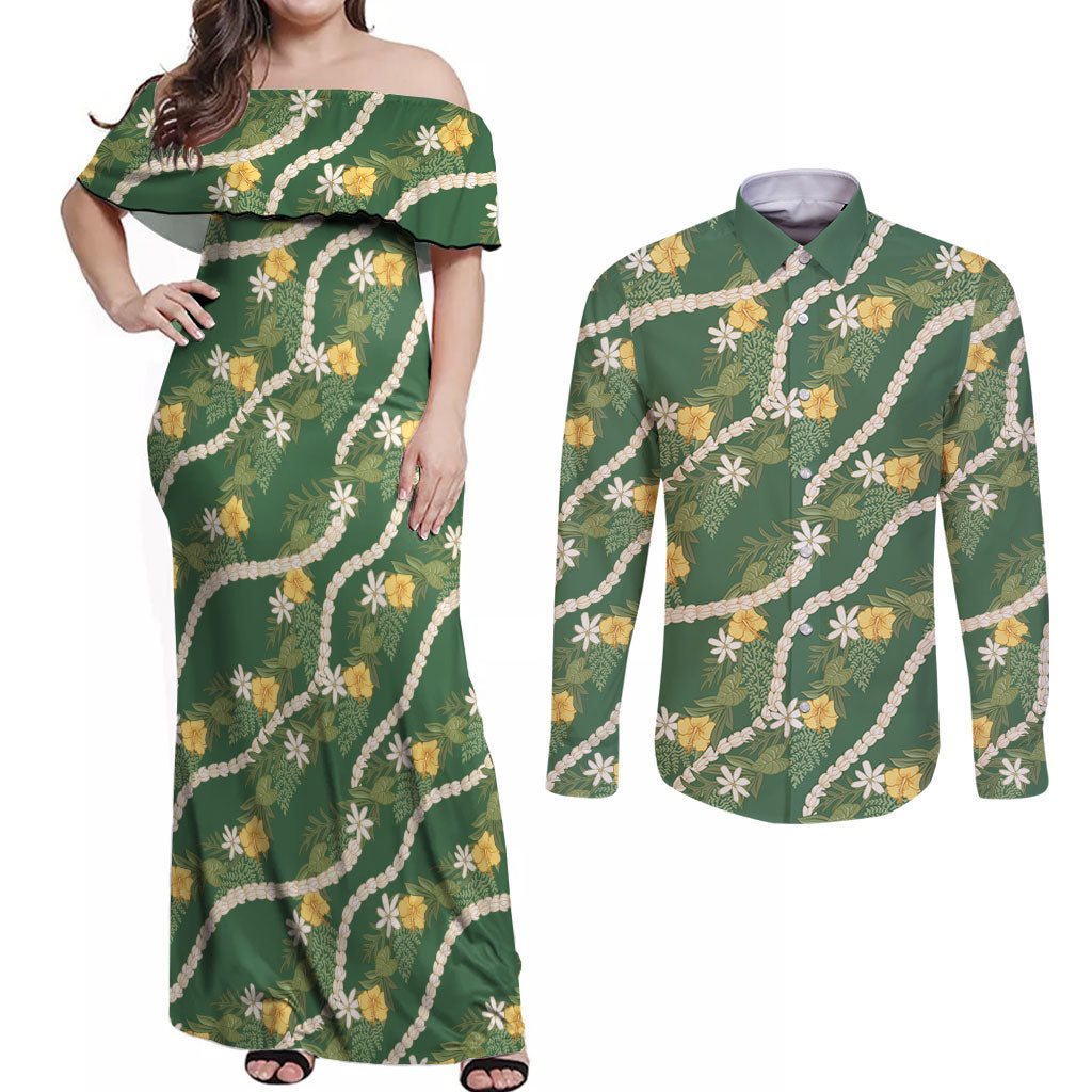 Hawaiian Pikake Maile Lei Couples Matching Off Shoulder Maxi Dress and Long Sleeve Button Shirt Tiare Hibiscus Kalo Palapalai Leaf Green