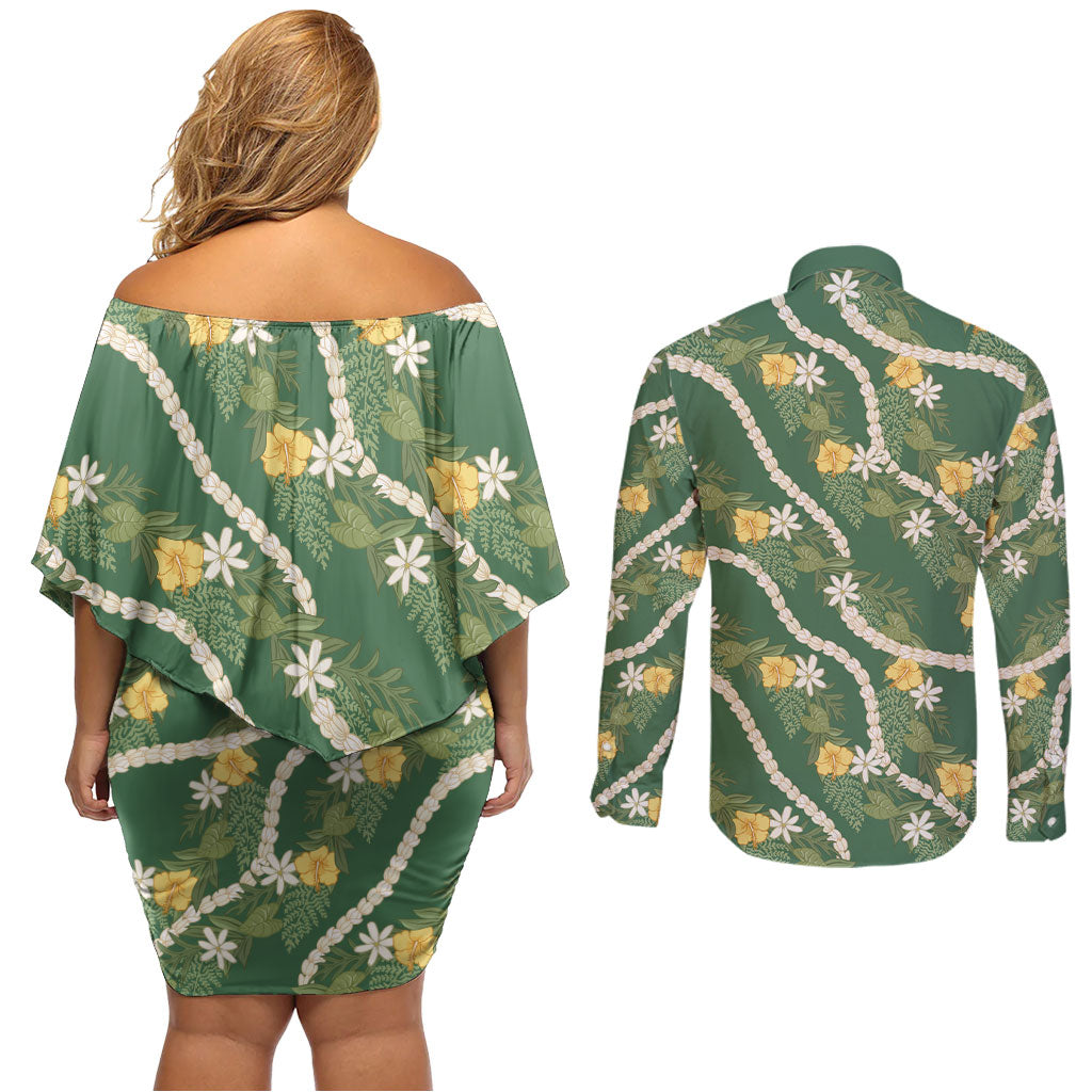 Hawaiian Pikake Maile Lei Couples Matching Off Shoulder Short Dress and Long Sleeve Button Shirt Tiare Hibiscus Kalo Palapalai Leaf Green