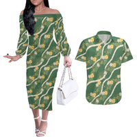 Hawaiian Pikake Maile Lei Couples Matching Off The Shoulder Long Sleeve Dress and Hawaiian Shirt Tiare Hibiscus Kalo Palapalai Leaf Green LT19 Green - Polynesian Pride