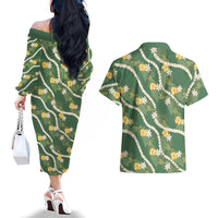 Hawaiian Pikake Maile Lei Couples Matching Off The Shoulder Long Sleeve Dress and Hawaiian Shirt Tiare Hibiscus Kalo Palapalai Leaf Green LT19 - Polynesian Pride
