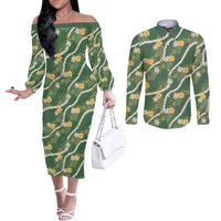 Hawaiian Pikake Maile Lei Couples Matching Off The Shoulder Long Sleeve Dress and Long Sleeve Button Shirt Tiare Hibiscus Kalo Palapalai Leaf Green