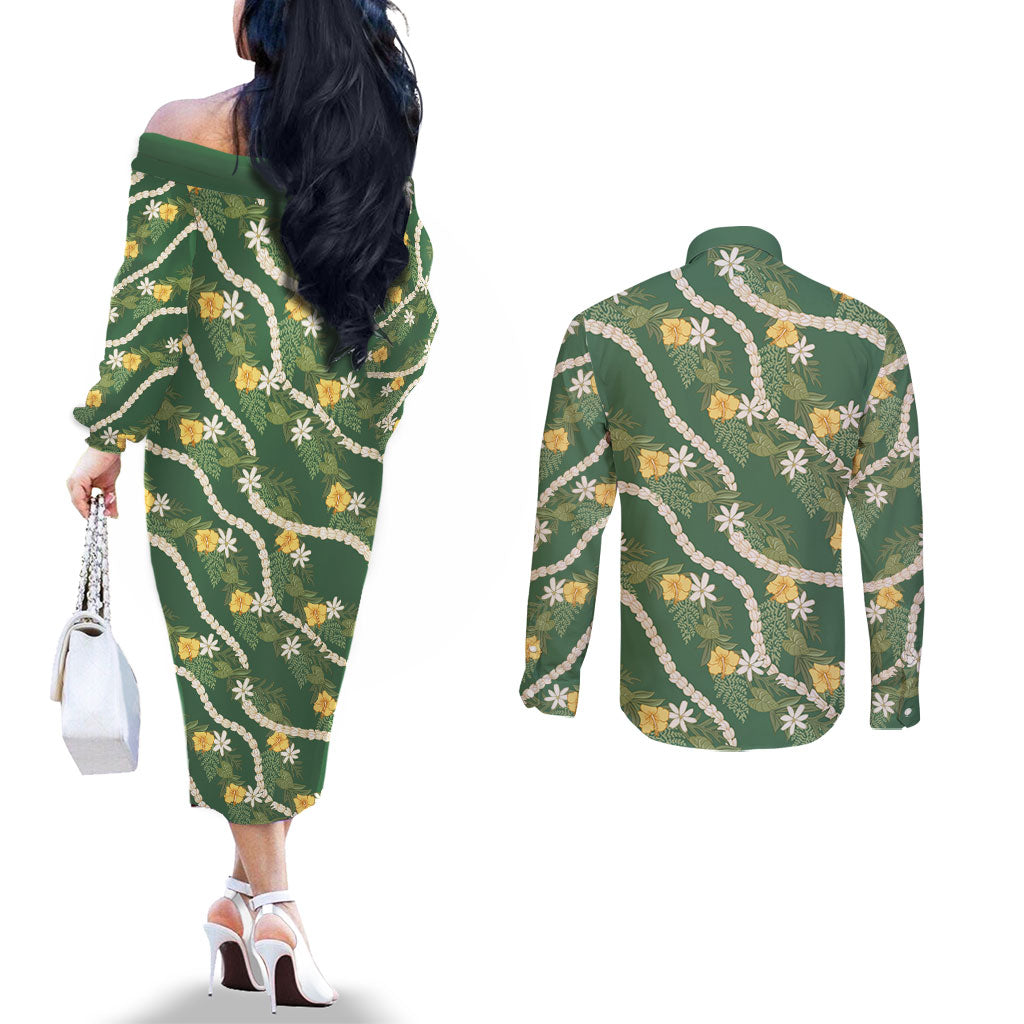 Hawaiian Pikake Maile Lei Couples Matching Off The Shoulder Long Sleeve Dress and Long Sleeve Button Shirt Tiare Hibiscus Kalo Palapalai Leaf Green