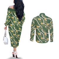 Hawaiian Pikake Maile Lei Couples Matching Off The Shoulder Long Sleeve Dress and Long Sleeve Button Shirt Tiare Hibiscus Kalo Palapalai Leaf Green