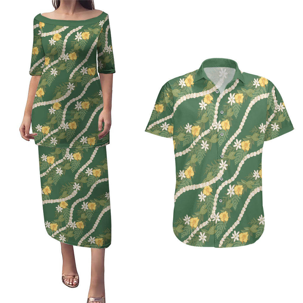 Hawaiian Pikake Maile Lei Couples Matching Puletasi and Hawaiian Shirt Tiare Hibiscus Kalo Palapalai Leaf Green
