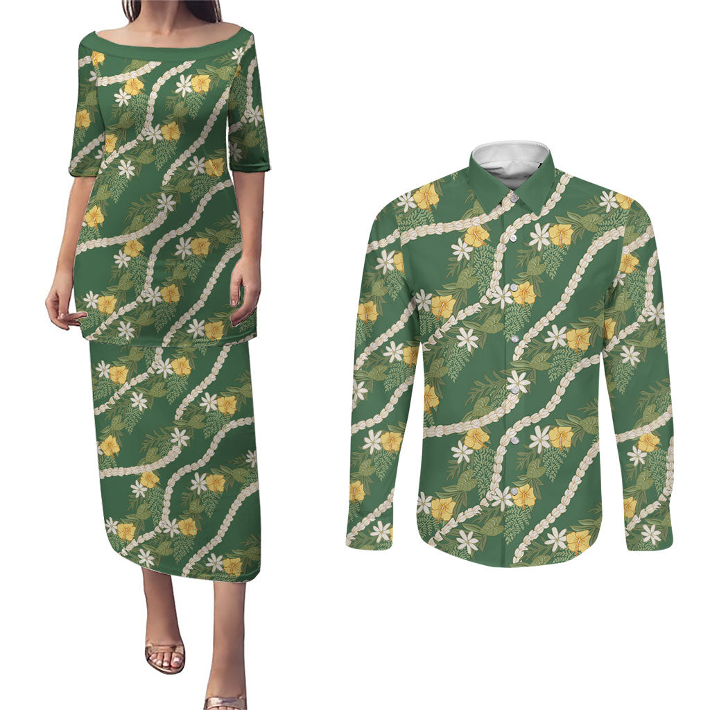 Hawaiian Pikake Maile Lei Couples Matching Puletasi and Long Sleeve Button Shirt Tiare Hibiscus Kalo Palapalai Leaf Green