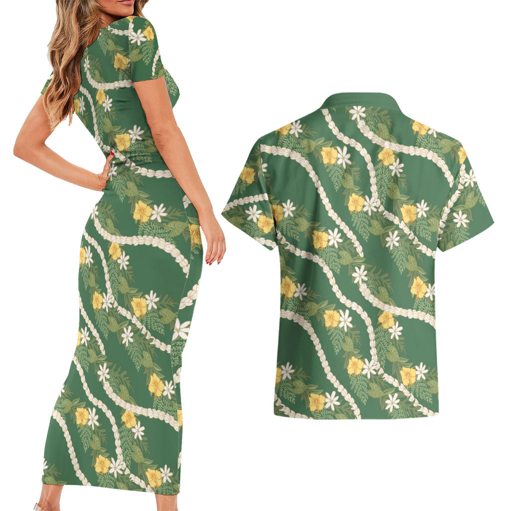 Hawaiian Pikake Maile Lei Couples Matching Short Sleeve Bodycon Dress and Hawaiian Shirt Tiare Hibiscus Kalo Palapalai Leaf Green