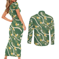 Hawaiian Pikake Maile Lei Couples Matching Short Sleeve Bodycon Dress and Long Sleeve Button Shirt Tiare Hibiscus Kalo Palapalai Leaf Green