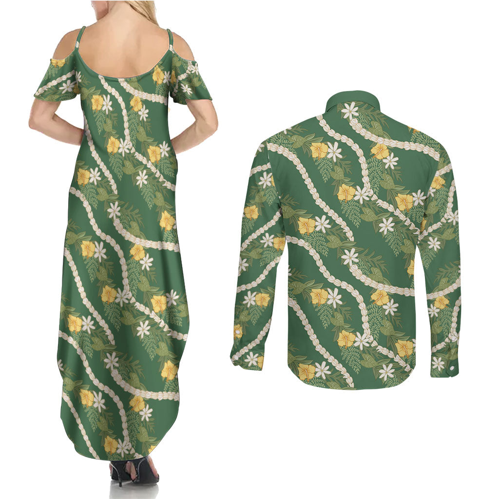 Hawaiian Pikake Maile Lei Couples Matching Summer Maxi Dress and Long Sleeve Button Shirt Tiare Hibiscus Kalo Palapalai Leaf Green