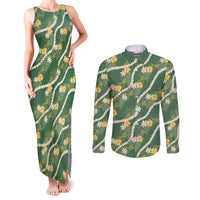 Hawaiian Pikake Maile Lei Couples Matching Tank Maxi Dress and Long Sleeve Button Shirt Tiare Hibiscus Kalo Palapalai Leaf Green