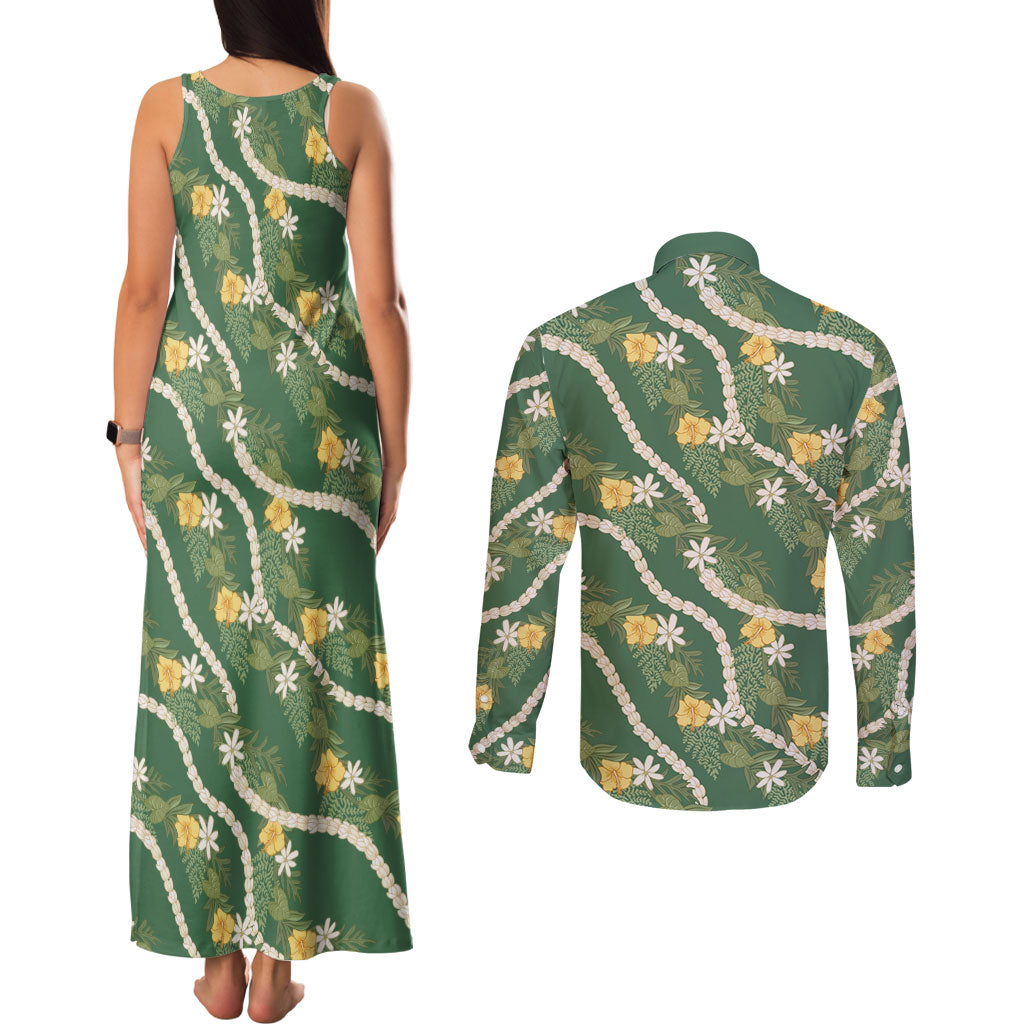 Hawaiian Pikake Maile Lei Couples Matching Tank Maxi Dress and Long Sleeve Button Shirt Tiare Hibiscus Kalo Palapalai Leaf Green