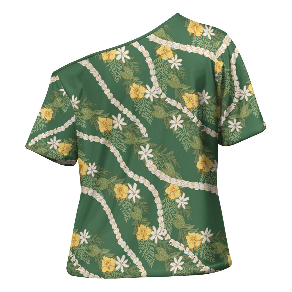 Hawaiian Pikake Maile Lei Cross Shoulder Shirt Tiare Hibiscus Kalo Palapalai Leaf Green