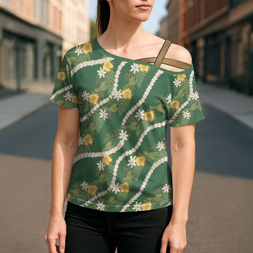 Hawaiian Pikake Maile Lei Cross Shoulder Shirt Tiare Hibiscus Kalo Palapalai Leaf Green