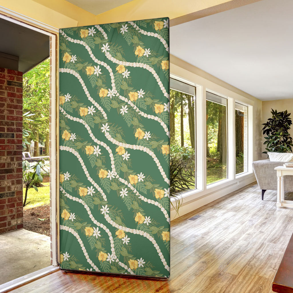 Hawaiian Pikake Maile Lei Door Cover Tiare Hibiscus Kalo Palapalai Leaf Green