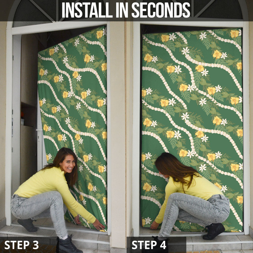 Hawaiian Pikake Maile Lei Door Cover Tiare Hibiscus Kalo Palapalai Leaf Green