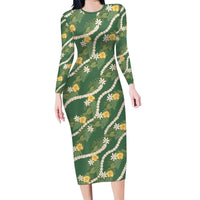 Hawaiian Pikake Maile Lei Family Matching Long Sleeve Bodycon Dress and Hawaiian Shirt Tiare Hibiscus Kalo Palapalai Leaf Green