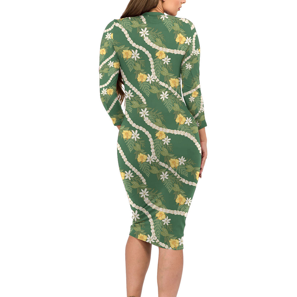 Hawaiian Pikake Maile Lei Family Matching Long Sleeve Bodycon Dress and Hawaiian Shirt Tiare Hibiscus Kalo Palapalai Leaf Green