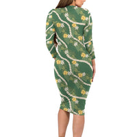 Hawaiian Pikake Maile Lei Family Matching Long Sleeve Bodycon Dress and Hawaiian Shirt Tiare Hibiscus Kalo Palapalai Leaf Green