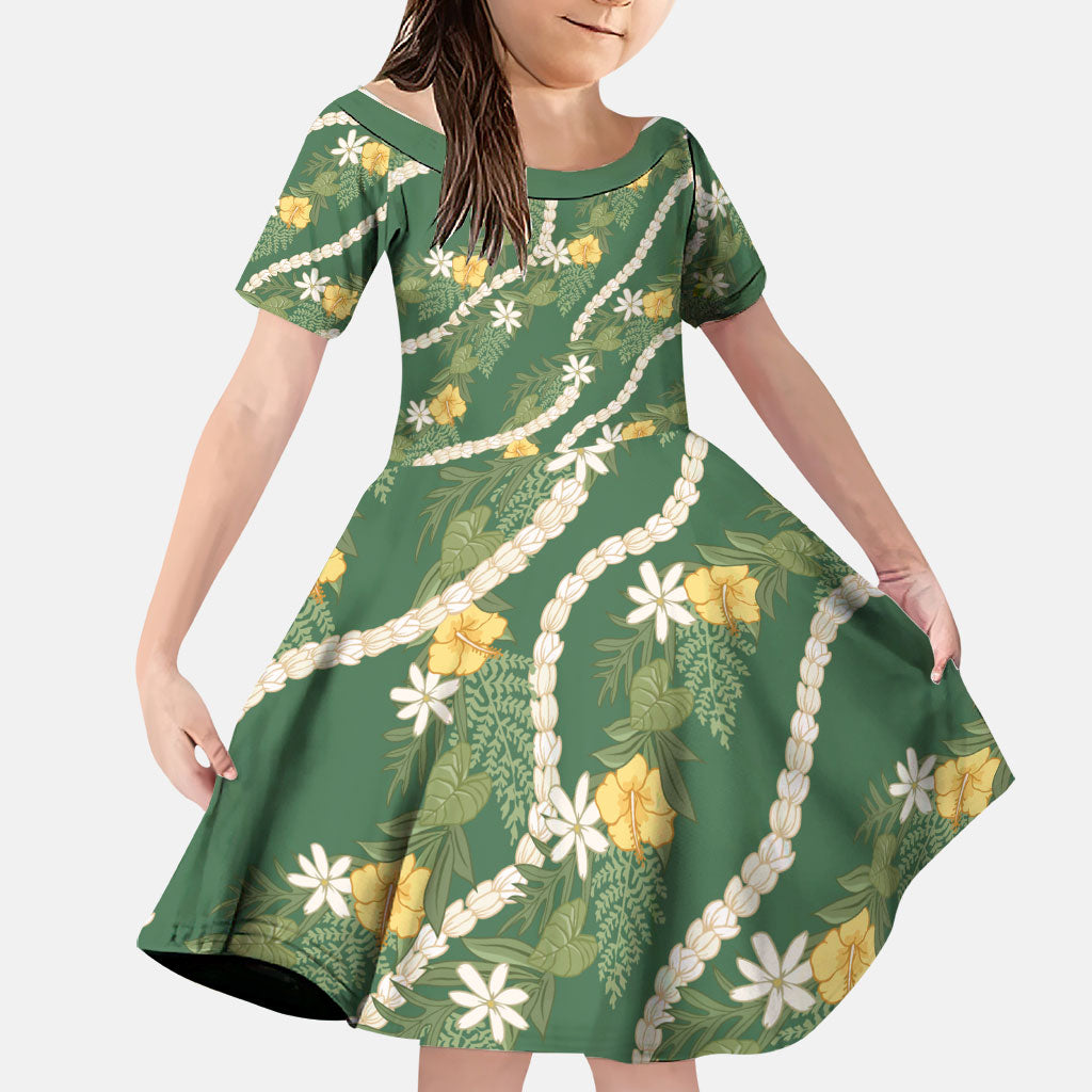 Hawaiian Pikake Maile Lei Family Matching Mermaid Dress and Hawaiian Shirt Tiare Hibiscus Kalo Palapalai Leaf Green LT19 Daughter's Dress Green - Polynesian Pride