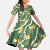 Hawaiian Pikake Maile Lei Family Matching Mermaid Dress and Hawaiian Shirt Tiare Hibiscus Kalo Palapalai Leaf Green LT19 Daughter's Dress Green - Polynesian Pride