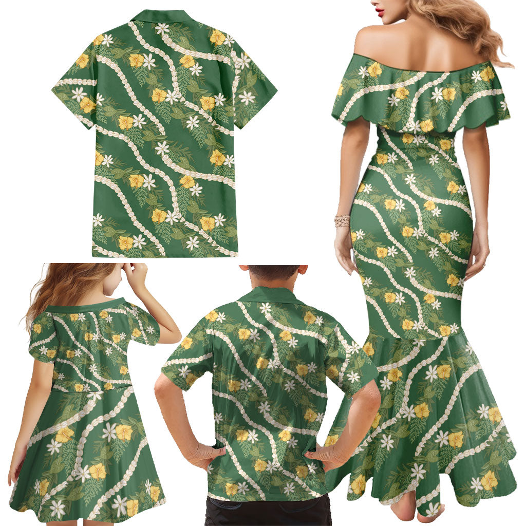 Hawaiian Pikake Maile Lei Family Matching Mermaid Dress and Hawaiian Shirt Tiare Hibiscus Kalo Palapalai Leaf Green LT19 - Polynesian Pride