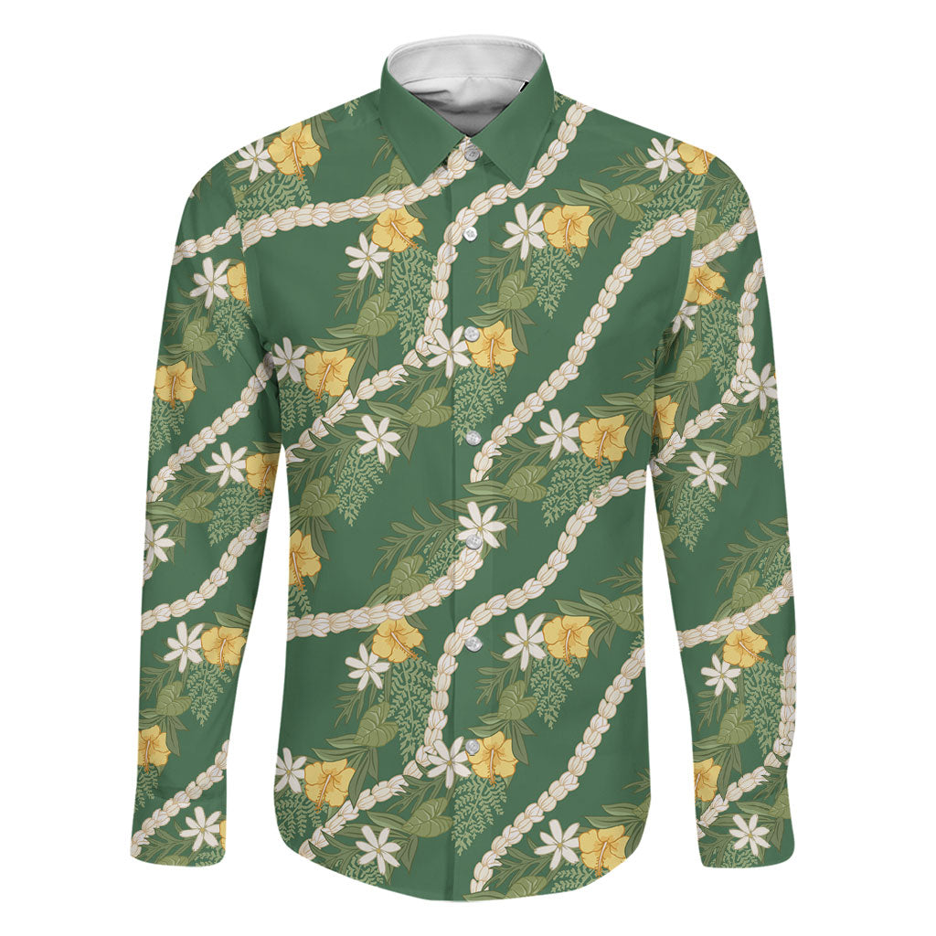 Hawaiian Pikake Maile Lei Family Matching Mermaid Dress and Hawaiian Shirt Tiare Hibiscus Kalo Palapalai Leaf Green LT19 Dad's Shirt - Long Sleeve Green - Polynesian Pride