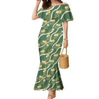 Hawaiian Pikake Maile Lei Family Matching Mermaid Dress and Hawaiian Shirt Tiare Hibiscus Kalo Palapalai Leaf Green LT19 Mom's Dress Green - Polynesian Pride