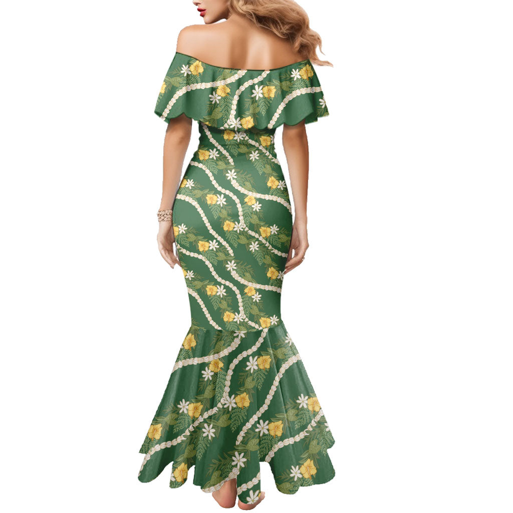 Hawaiian Pikake Maile Lei Family Matching Mermaid Dress and Hawaiian Shirt Tiare Hibiscus Kalo Palapalai Leaf Green LT19 - Polynesian Pride