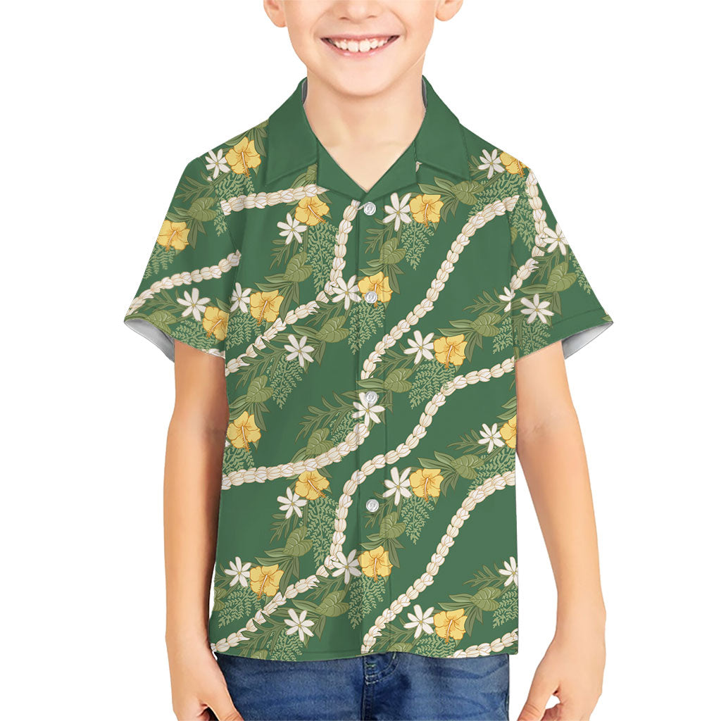 Hawaiian Pikake Maile Lei Family Matching Mermaid Dress and Hawaiian Shirt Tiare Hibiscus Kalo Palapalai Leaf Green LT19 Son's Shirt Green - Polynesian Pride