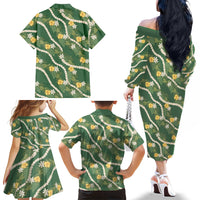 Hawaiian Pikake Maile Lei Family Matching Off The Shoulder Long Sleeve Dress and Hawaiian Shirt Tiare Hibiscus Kalo Palapalai Leaf Green