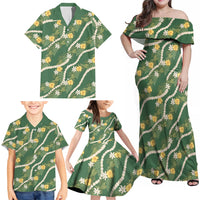 Hawaiian Pikake Maile Lei Family Matching Off Shoulder Maxi Dress and Hawaiian Shirt Tiare Hibiscus Kalo Palapalai Leaf Green