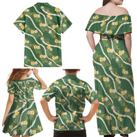 Hawaiian Pikake Maile Lei Family Matching Off Shoulder Maxi Dress and Hawaiian Shirt Tiare Hibiscus Kalo Palapalai Leaf Green