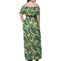 Hawaiian Pikake Maile Lei Family Matching Off Shoulder Maxi Dress and Hawaiian Shirt Tiare Hibiscus Kalo Palapalai Leaf Green