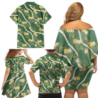 Hawaiian Pikake Maile Lei Family Matching Off Shoulder Short Dress and Hawaiian Shirt Tiare Hibiscus Kalo Palapalai Leaf Green