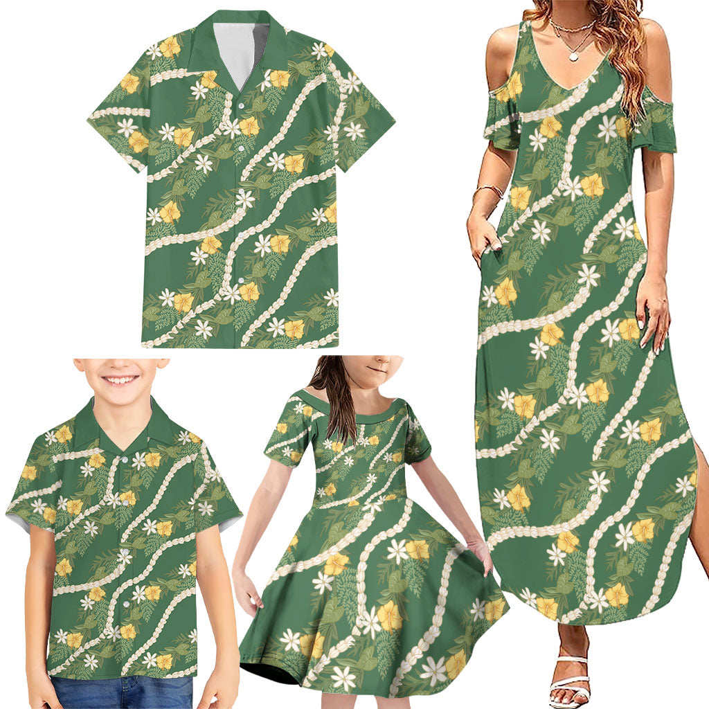Hawaiian Pikake Maile Lei Family Matching Summer Maxi Dress and Hawaiian Shirt Tiare Hibiscus Kalo Palapalai Leaf Green