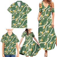 Hawaiian Pikake Maile Lei Family Matching Summer Maxi Dress and Hawaiian Shirt Tiare Hibiscus Kalo Palapalai Leaf Green