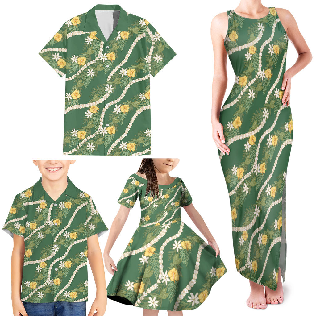 Hawaiian Pikake Maile Lei Family Matching Tank Maxi Dress and Hawaiian Shirt Tiare Hibiscus Kalo Palapalai Leaf Green LT19 - Polynesian Pride