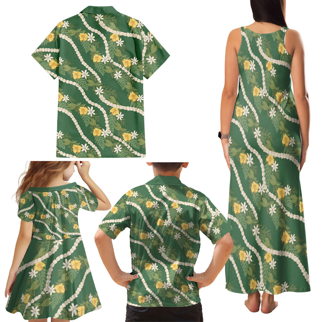 Hawaiian Pikake Maile Lei Family Matching Tank Maxi Dress and Hawaiian Shirt Tiare Hibiscus Kalo Palapalai Leaf Green LT19 - Polynesian Pride