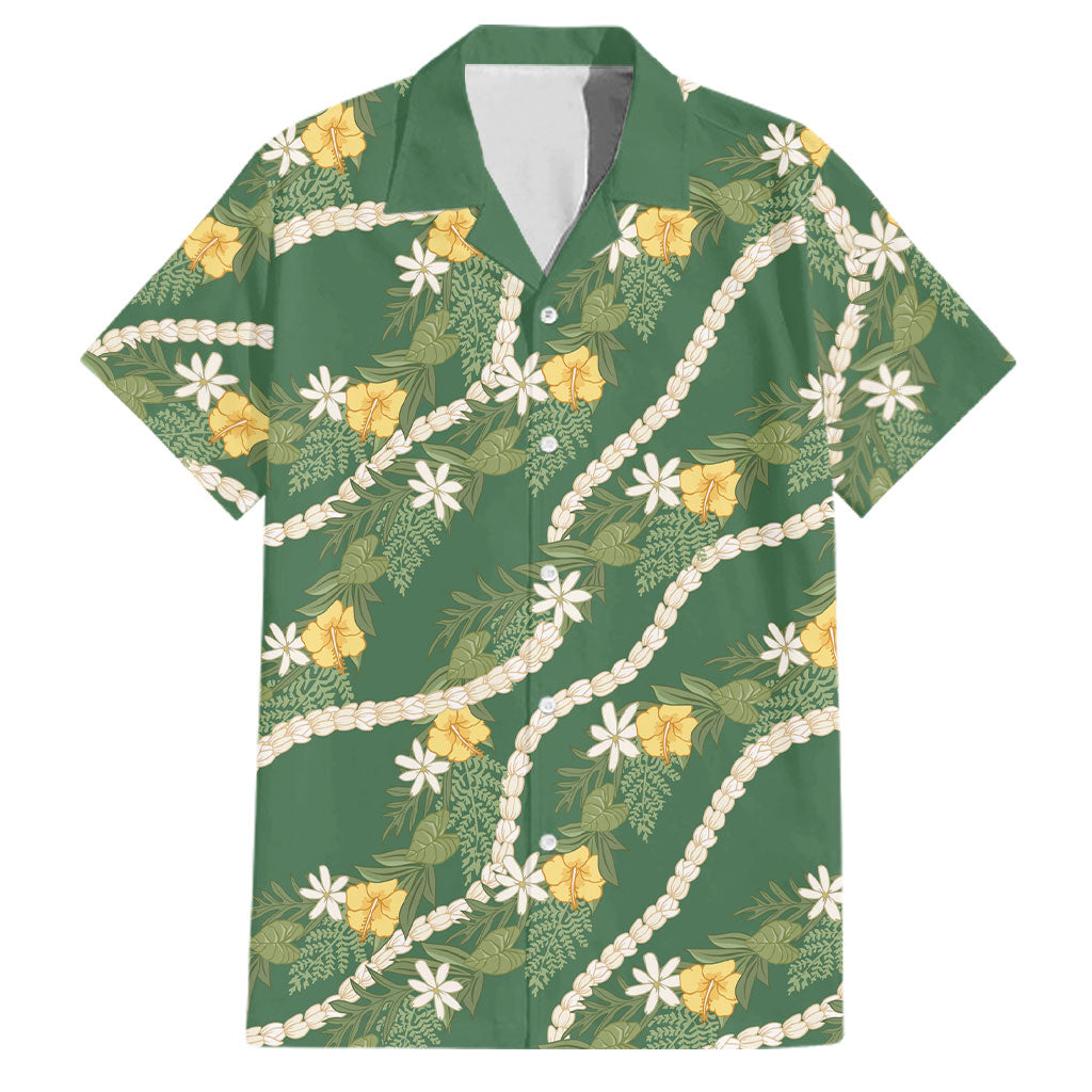 Hawaiian Pikake Maile Lei Family Matching Tank Maxi Dress and Hawaiian Shirt Tiare Hibiscus Kalo Palapalai Leaf Green LT19 Dad's Shirt - Short Sleeve Green - Polynesian Pride